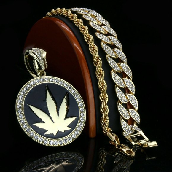 14k Gold Leaf 20" Cuban and Rope Chain + Pendant - Picture 2 of 5